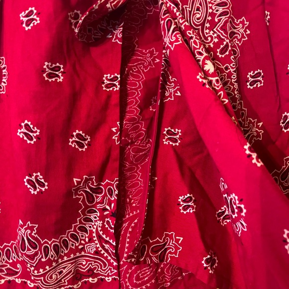 Red bandanna wrap style cover-up or skirt ties in front comes to a draping point - Picture 2 of 7
